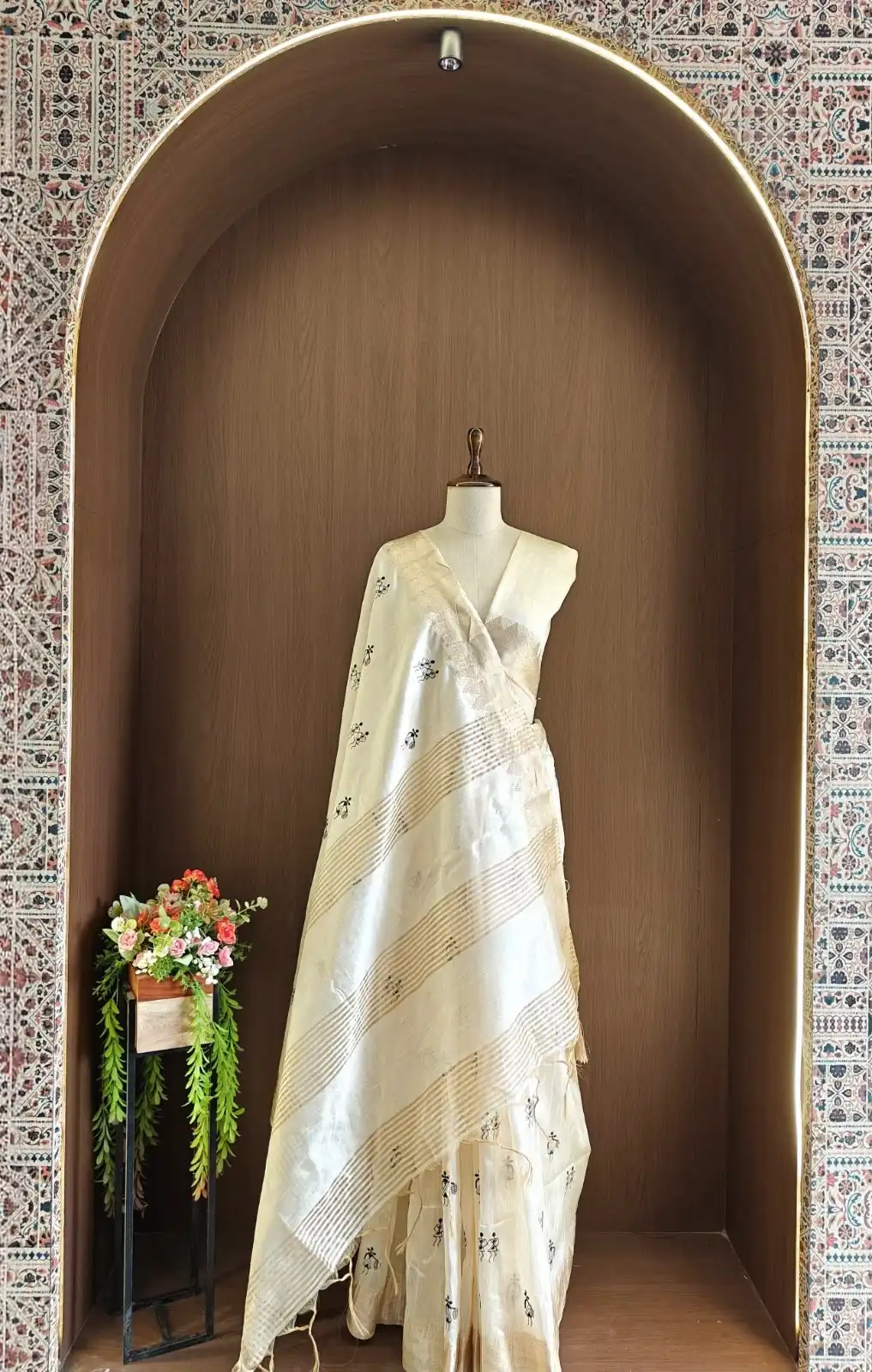 Off - White Soft Assam Silk Saree with Embroidered Warli Design Saree